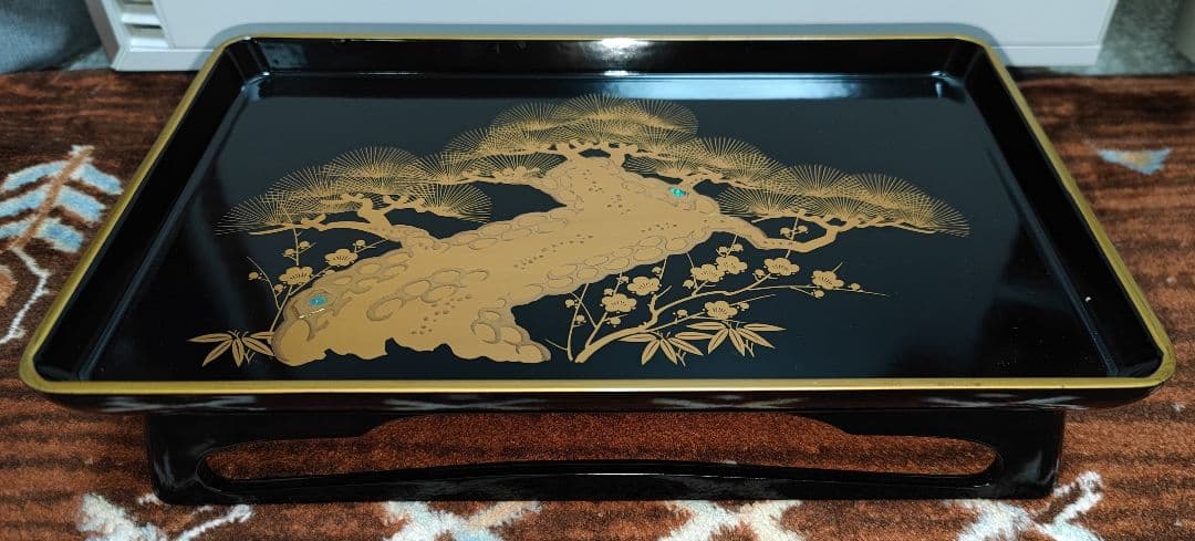 会津塗 三段重 屠蘇器 黒金松