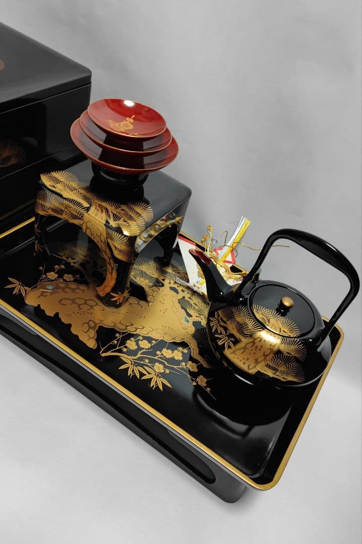 会津塗 三段重 屠蘇器 黒金松