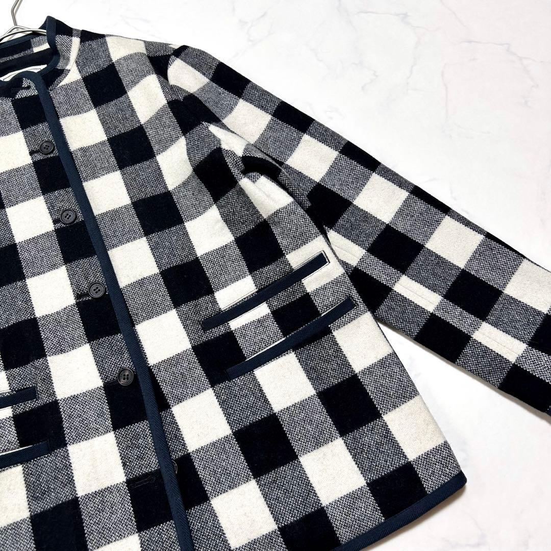 マドモアゼルノンノン ウールチェック ノーカラージャケット ウールコート日本製