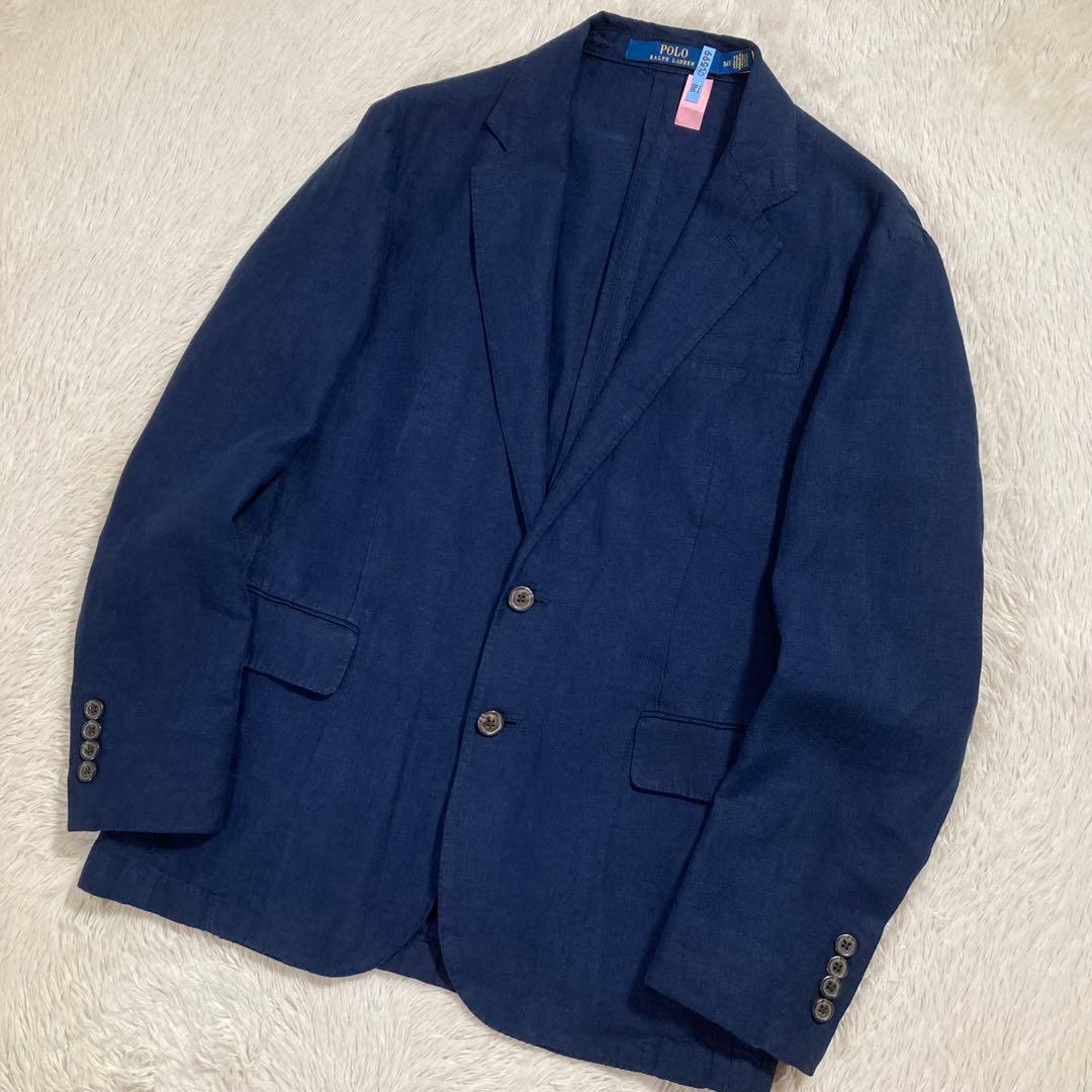 美品 ポロラルフローレン テーラードジャケット ブレザー 紺ブレ リネン 麻