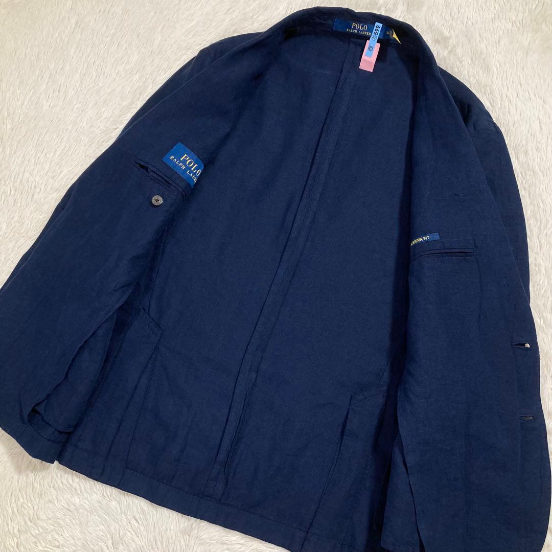 美品 ポロラルフローレン テーラードジャケット ブレザー 紺ブレ リネン 麻