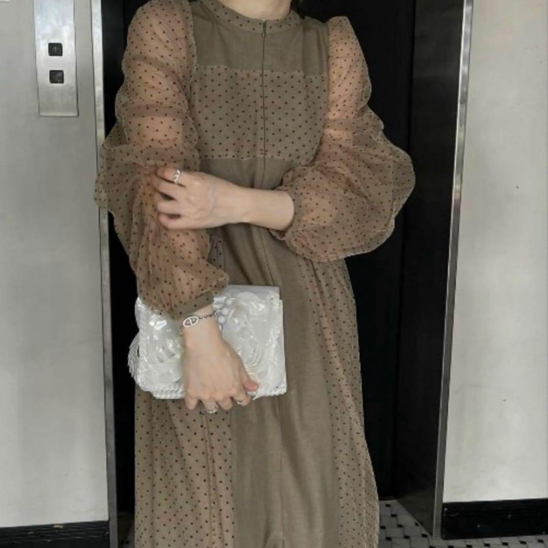 ドット柄パフスリーブロングドレス