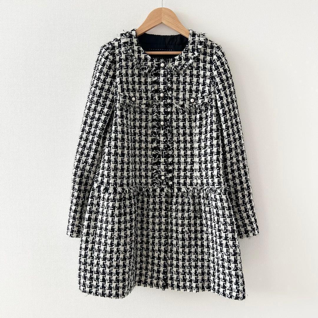 TO BE CHIC ハウンドトゥースツイードノーカラー ロングジャケット