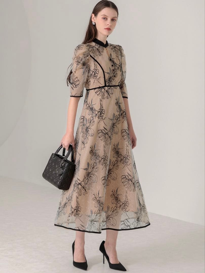 パイピングハイネック花柄ラメレースワンピースドレス結婚式二次会パーティー成人式