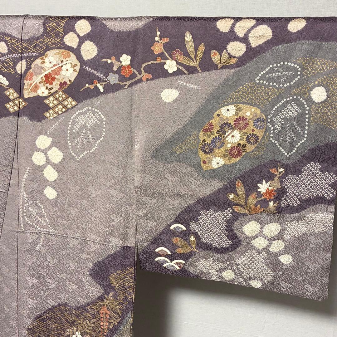 D169 訪問着　絞り　金駒刺繍　葉っぱ　正絹　着物　袷　極美品