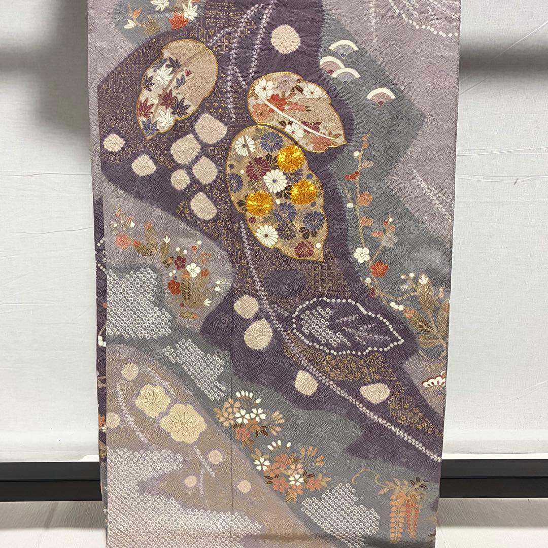 D169 訪問着　絞り　金駒刺繍　葉っぱ　正絹　着物　袷　極美品