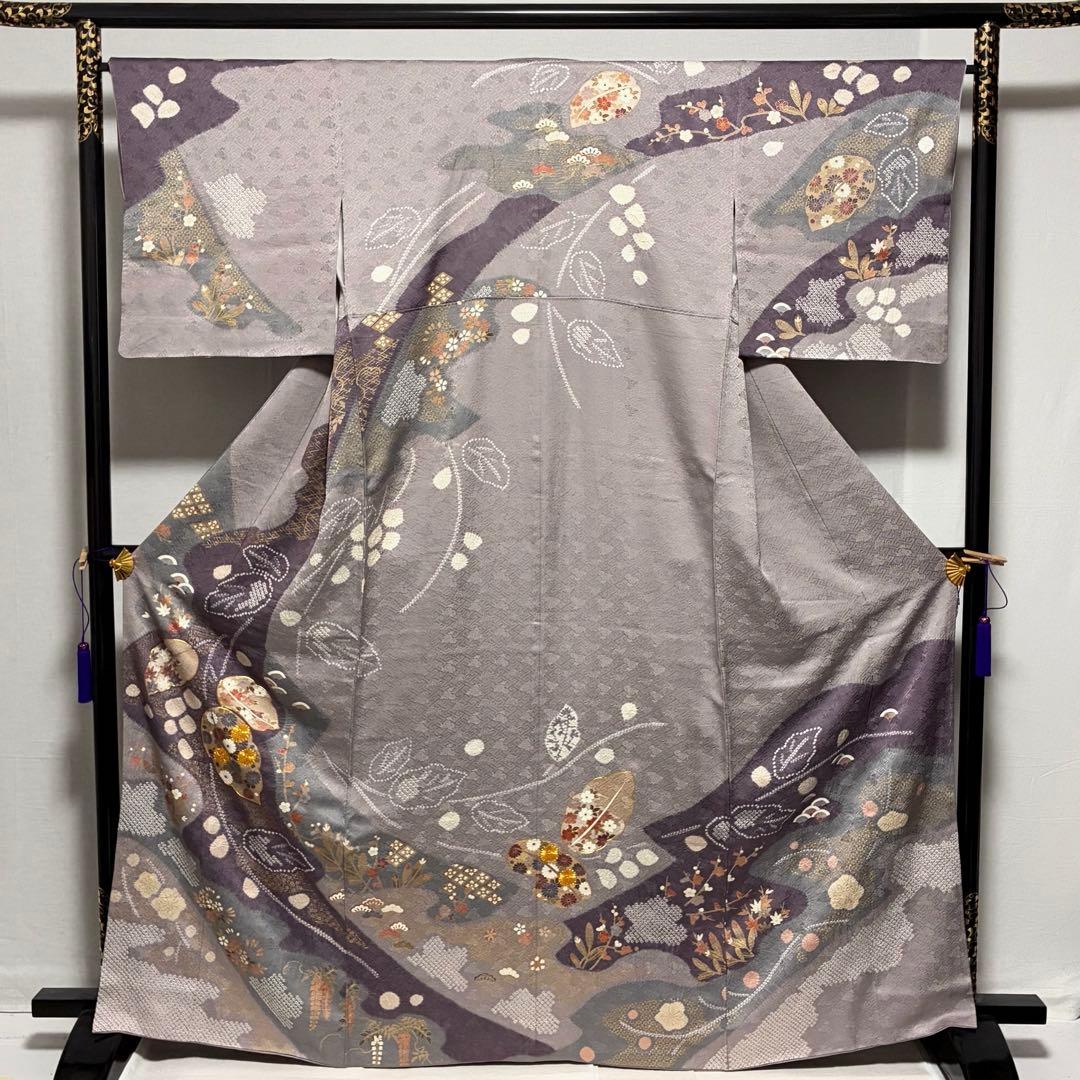 D169 訪問着　絞り　金駒刺繍　葉っぱ　正絹　着物　袷　極美品