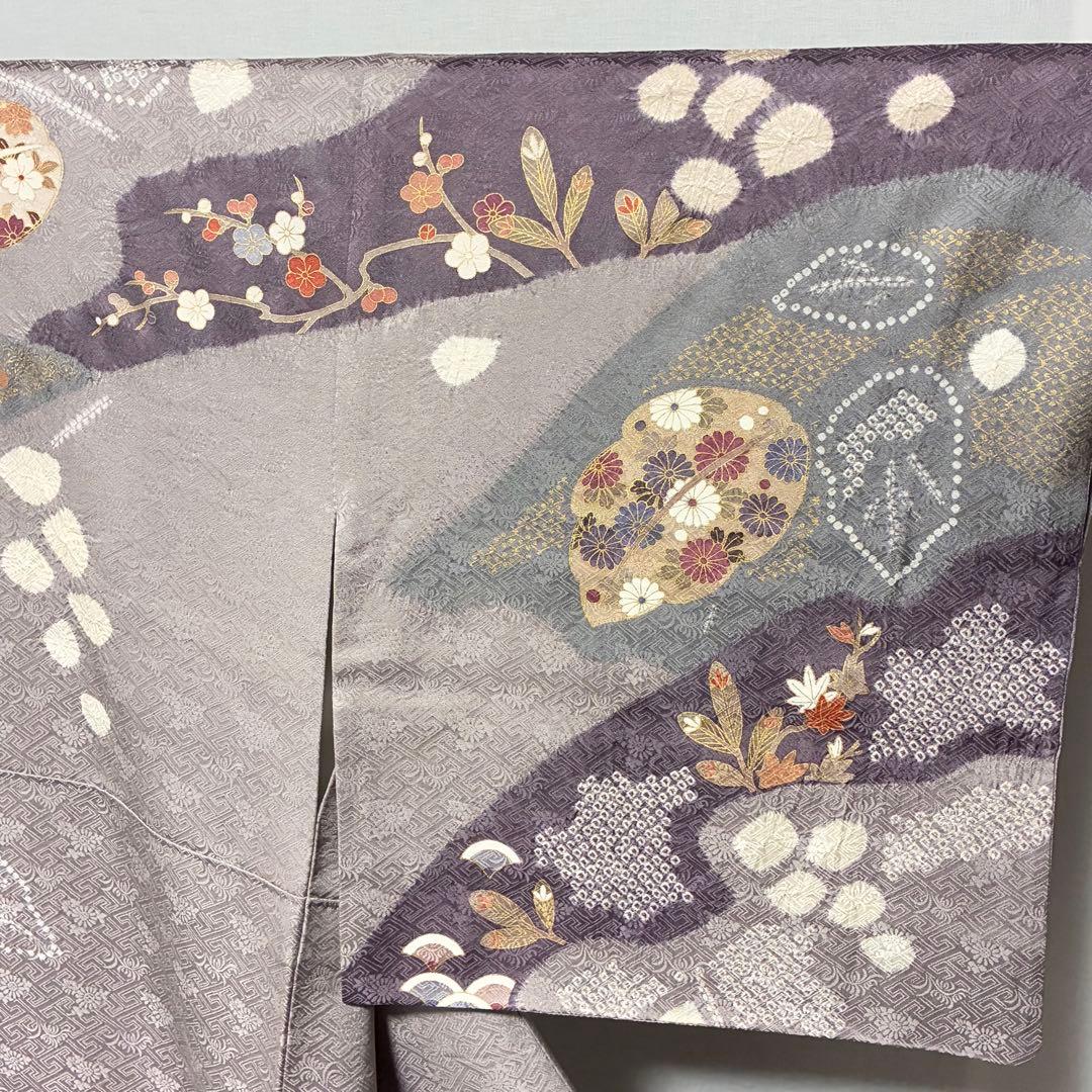 D169 訪問着　絞り　金駒刺繍　葉っぱ　正絹　着物　袷　極美品