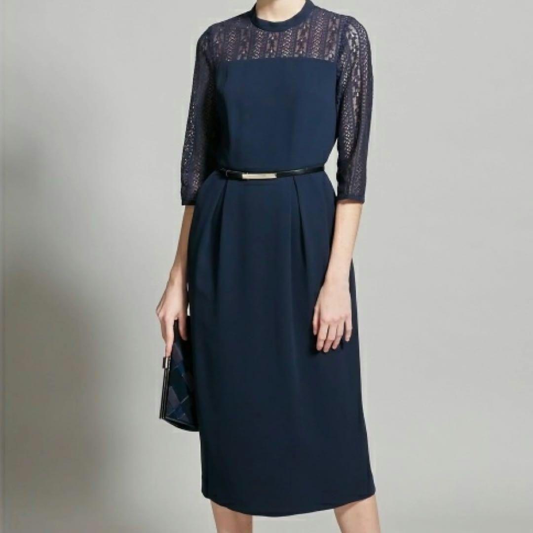 23区☆ワンピース ネイビー レース袖 パーティードレス セレモニー 40