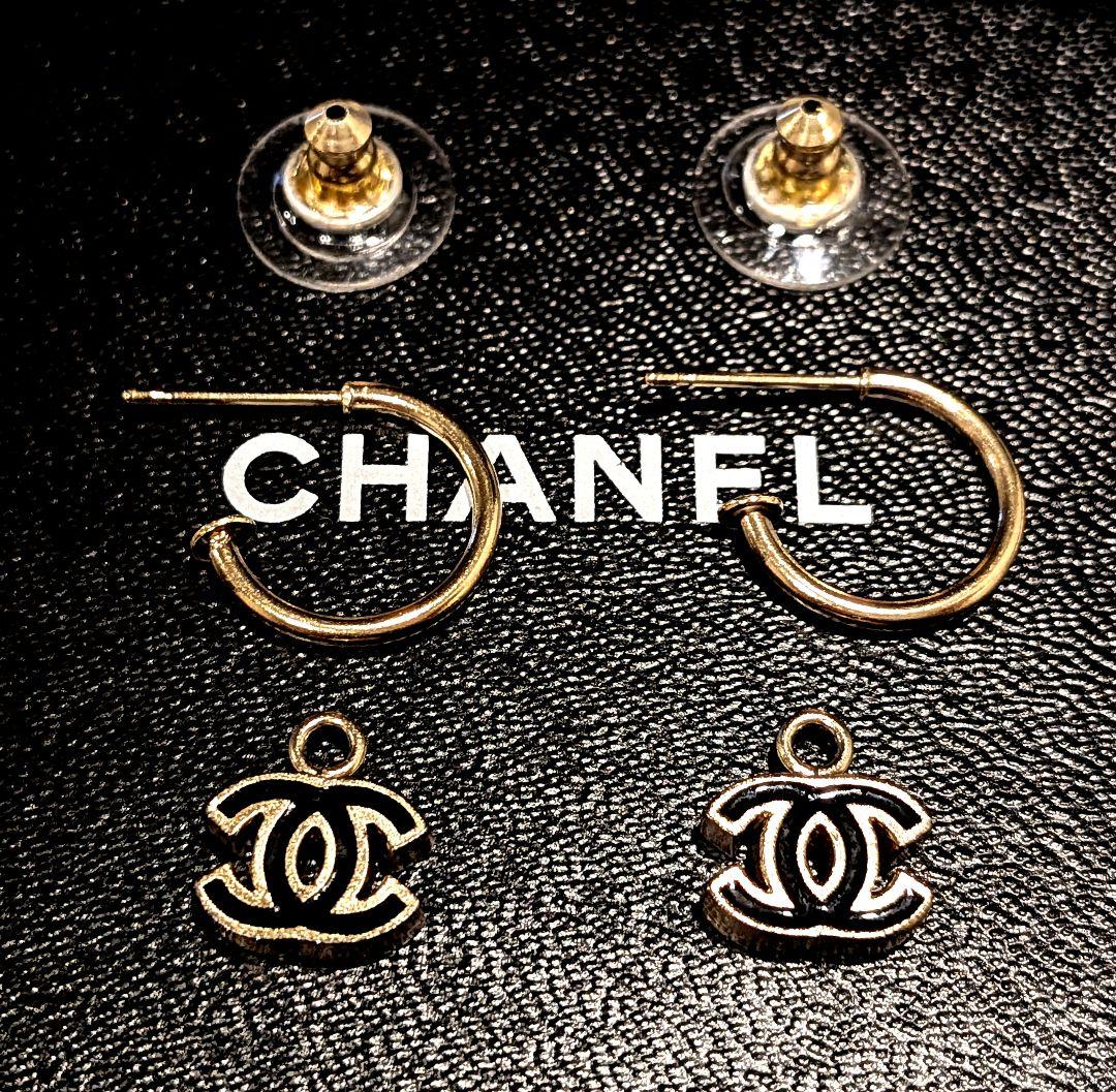 正規品 シャネル ココマーク フープピアス黒