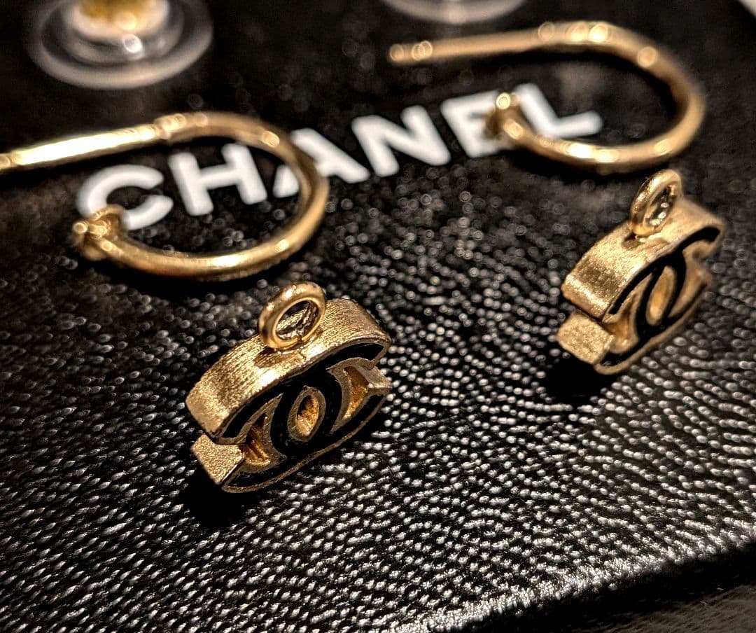 正規品 シャネル ココマーク フープピアス黒