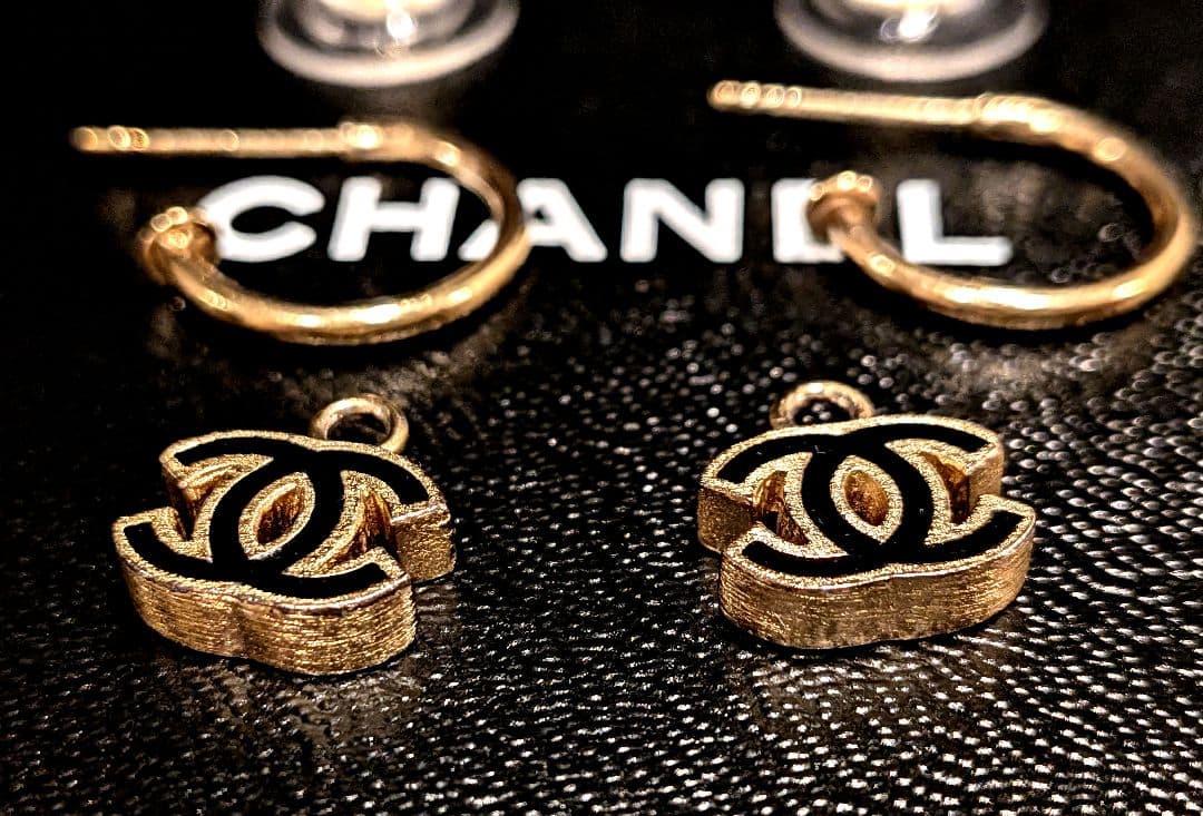 正規品 シャネル ココマーク フープピアス黒