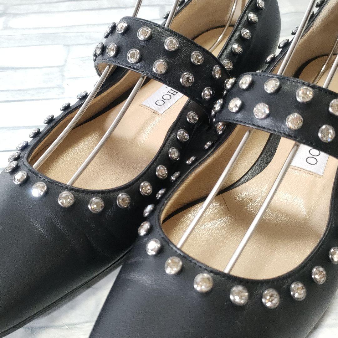 美品✨ジミーチュウ　レザーフラットパンプス　ビジューストラップ　黒　37