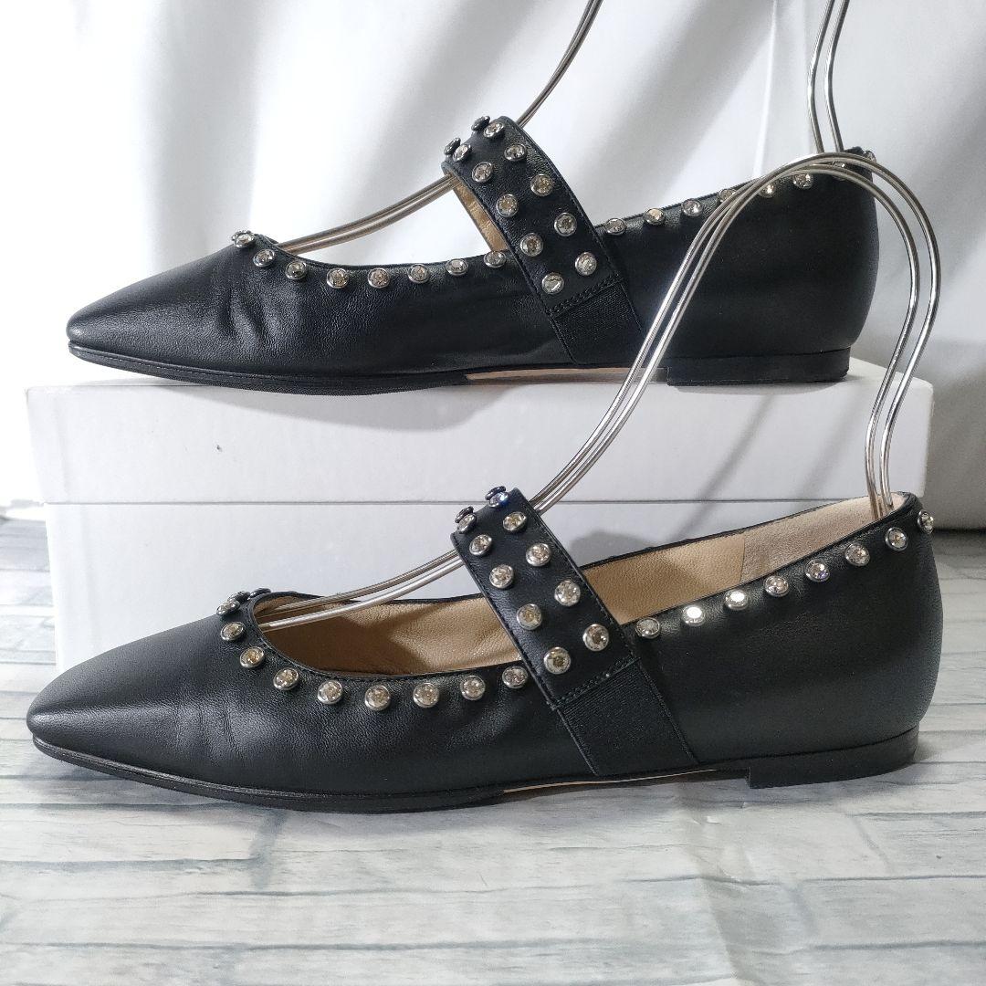 美品✨ジミーチュウ　レザーフラットパンプス　ビジューストラップ　黒　37