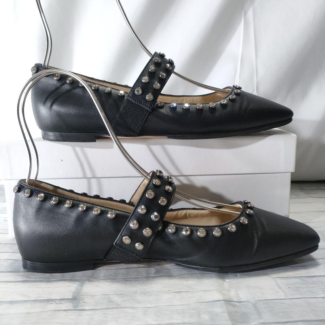 美品✨ジミーチュウ　レザーフラットパンプス　ビジューストラップ　黒　37