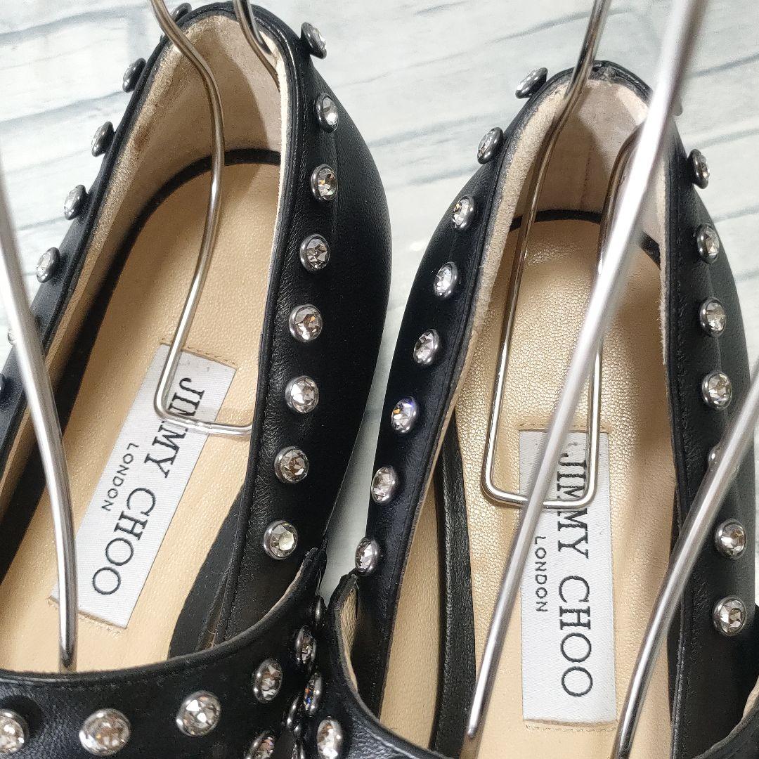 美品✨ジミーチュウ　レザーフラットパンプス　ビジューストラップ　黒　37