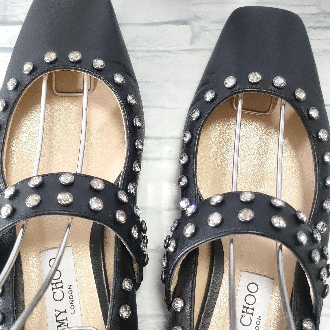 美品✨ジミーチュウ　レザーフラットパンプス　ビジューストラップ　黒　37