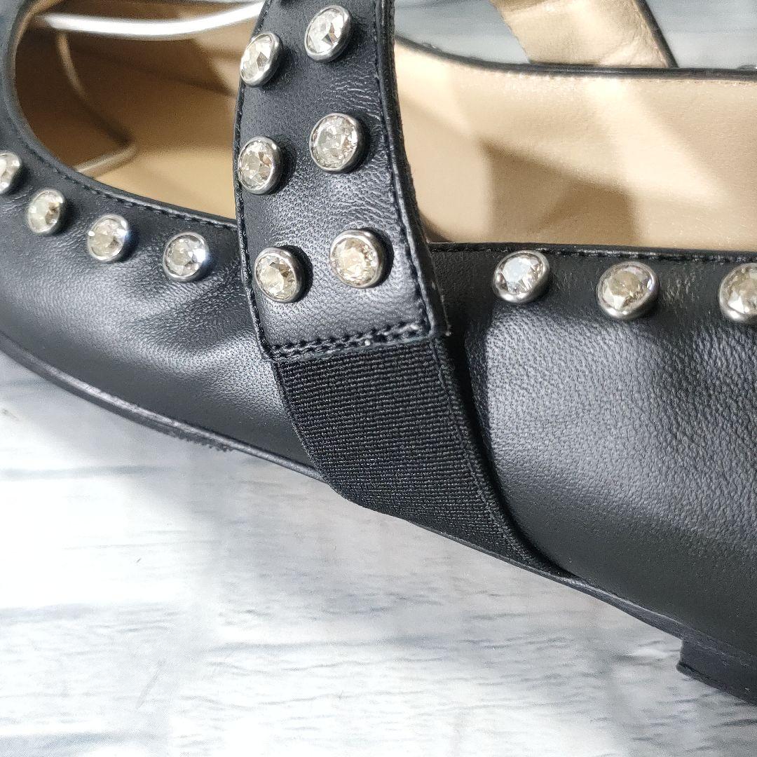 美品✨ジミーチュウ　レザーフラットパンプス　ビジューストラップ　黒　37