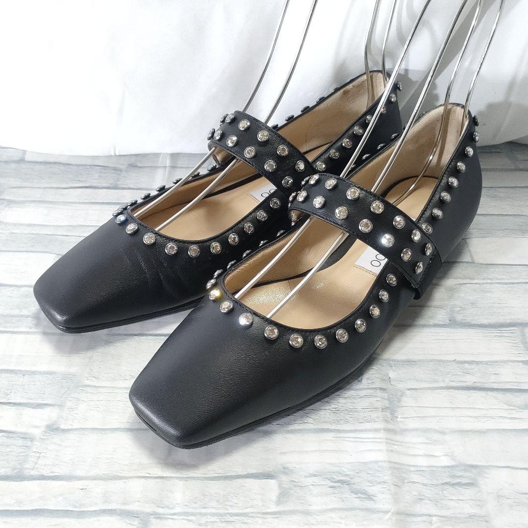 美品✨ジミーチュウ　レザーフラットパンプス　ビジューストラップ　黒　37