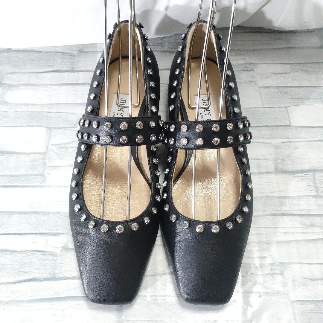 美品✨ジミーチュウ　レザーフラットパンプス　ビジューストラップ　黒　37