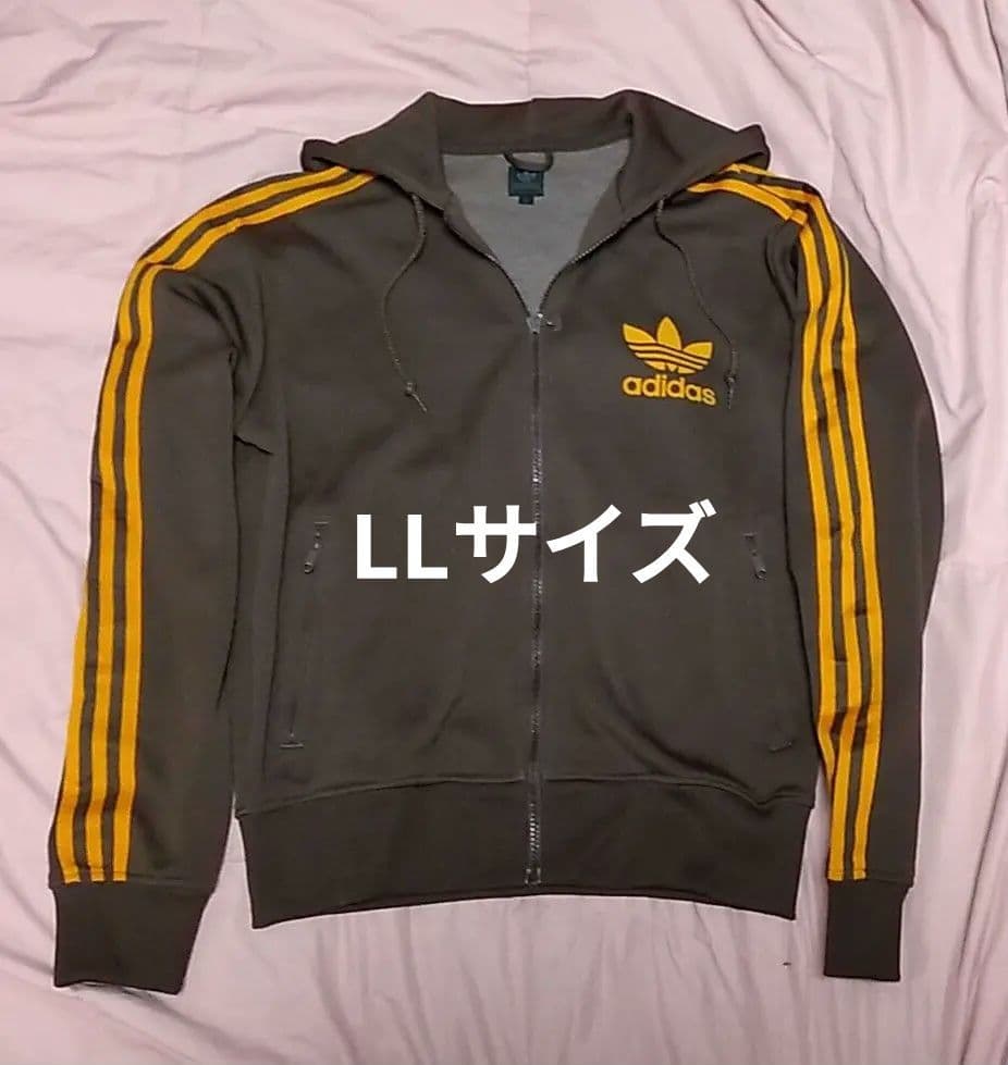 アディダス ジャージ生地 フルジップパーカー 茶色×オレンジ線 O（LL）