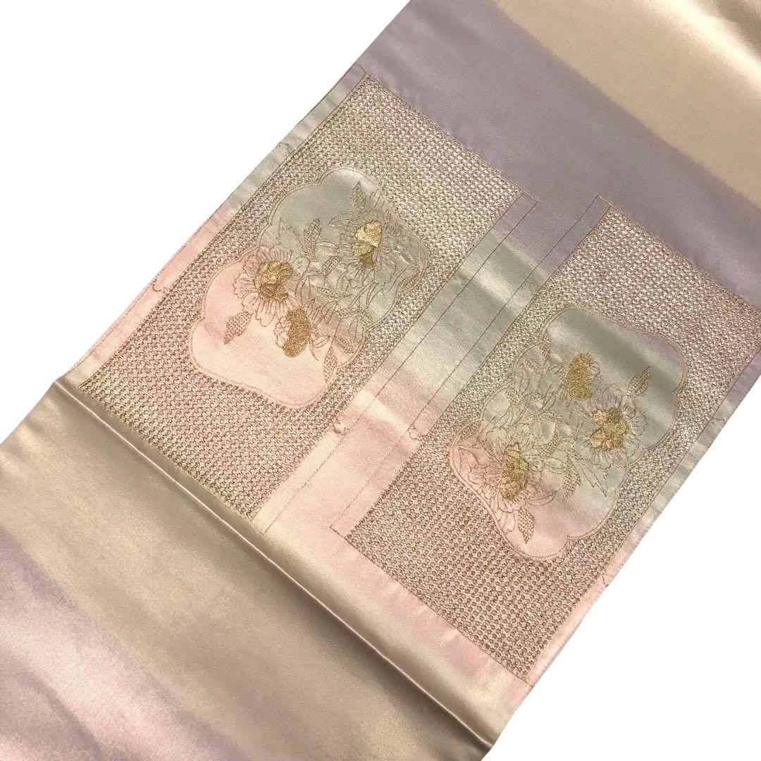 袋帯 総刺繍 汕頭刺繍 金糸刺繍 多様な花模様 グラデーション KO-1041