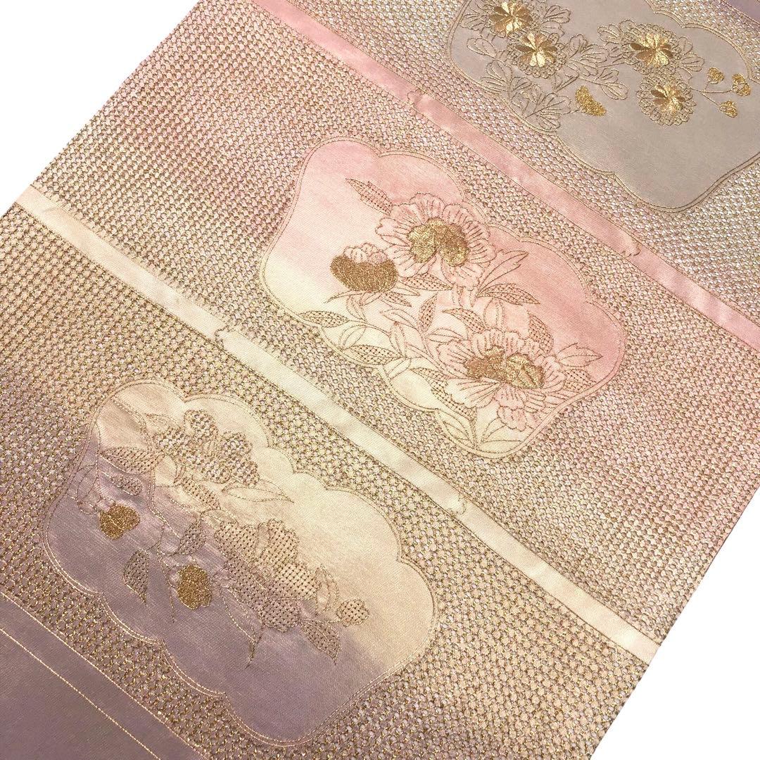 袋帯 総刺繍 汕頭刺繍 金糸刺繍 多様な花模様 グラデーション KO-1041