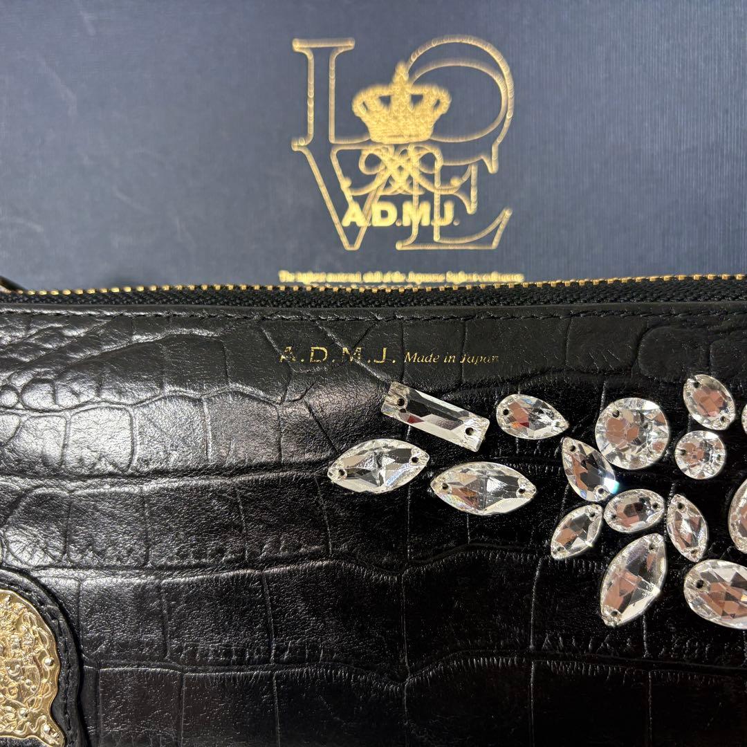 ADMJ ビジュー　クロコ型押し　ブラック　L字ファスナー　長財布.