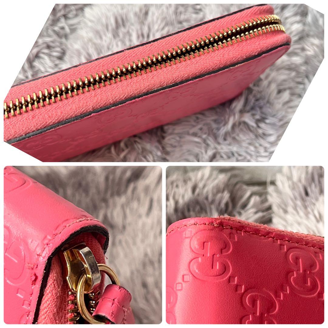 美品✨GUCCI シマ　ラウンドファスナー　ピンク　長財布　レディース