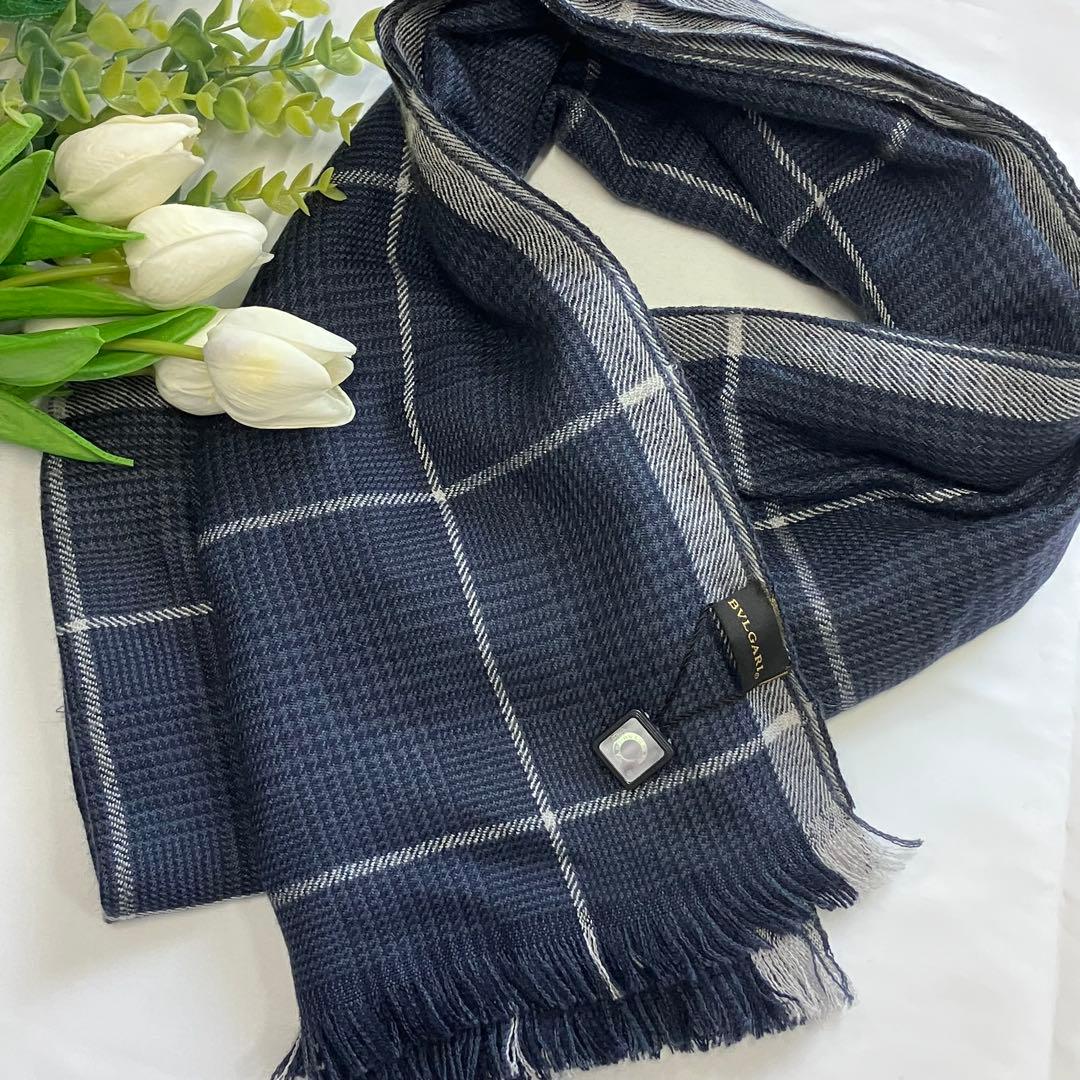 小次郎美品 BVLGARI カシミア100% 大判ストール チェック
