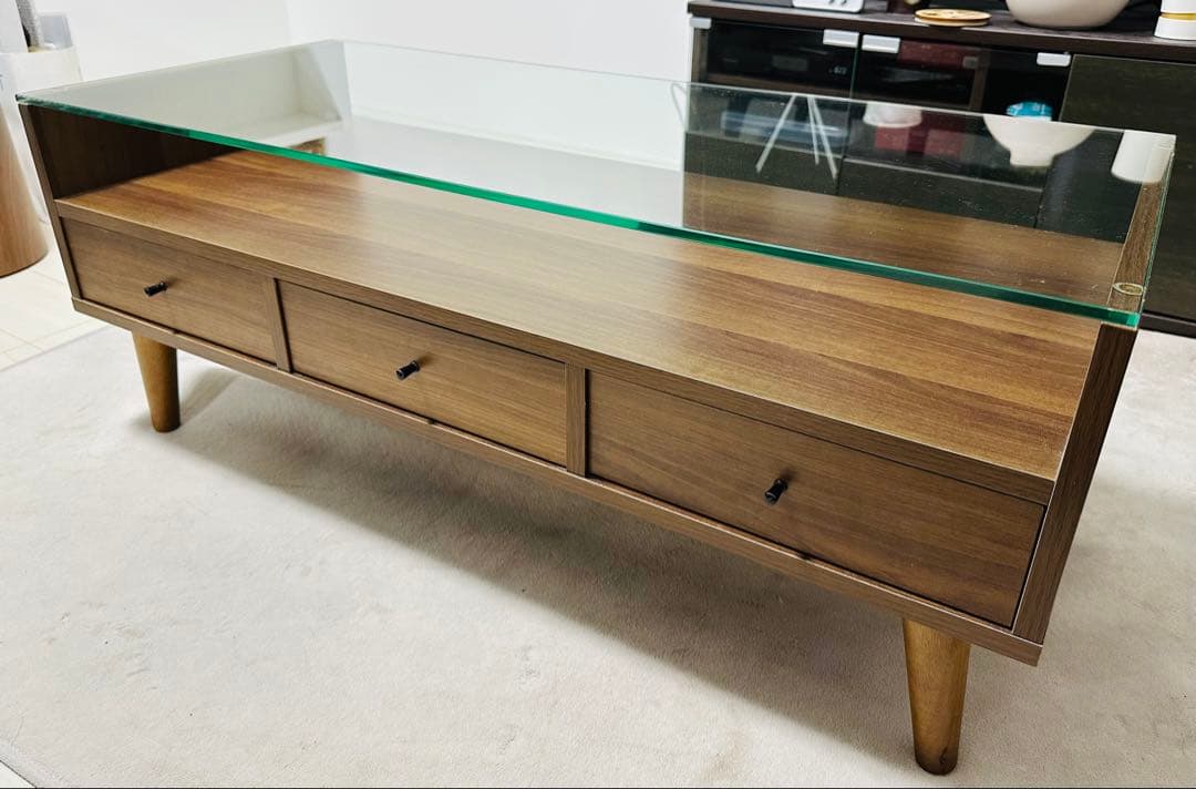 モダンセンターテーブル ローテーブル　ガラス天板 3引き出し付き　ROLFロルフ