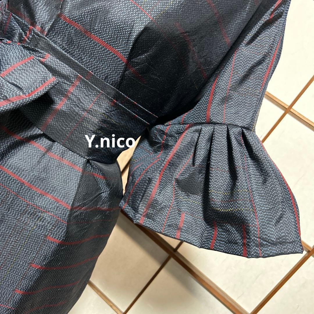 LL 着物リメイク 正絹 濃紺大島紬 フリル袖ゆったりワンピース