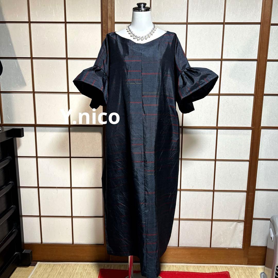 LL 着物リメイク 正絹 濃紺大島紬 フリル袖ゆったりワンピース