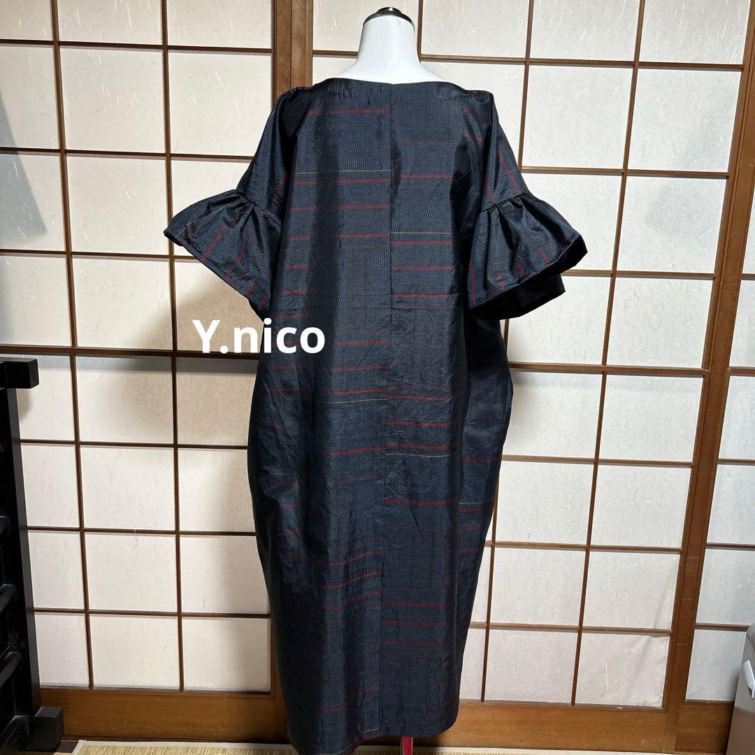 LL 着物リメイク 正絹 濃紺大島紬 フリル袖ゆったりワンピース