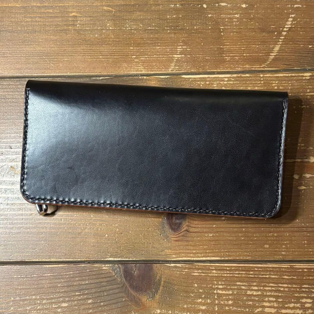 ハンドメイド 茶芯 トラッカーウォレット ブラック 本革 1点のみ