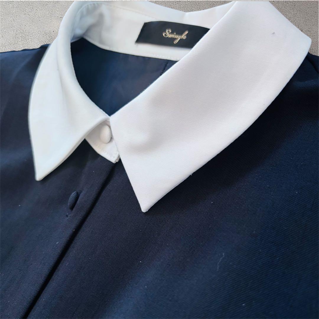 完売Swingle バイカラー衿パイピングタックフレアシャツワンピース ネイビー