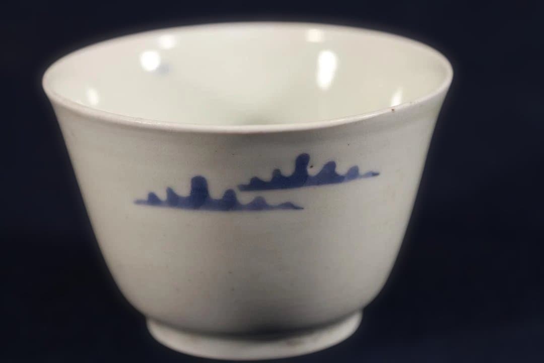 503　古伊万里染付江戸期帆掛和舟図猪口　無傷美品　江戸中期