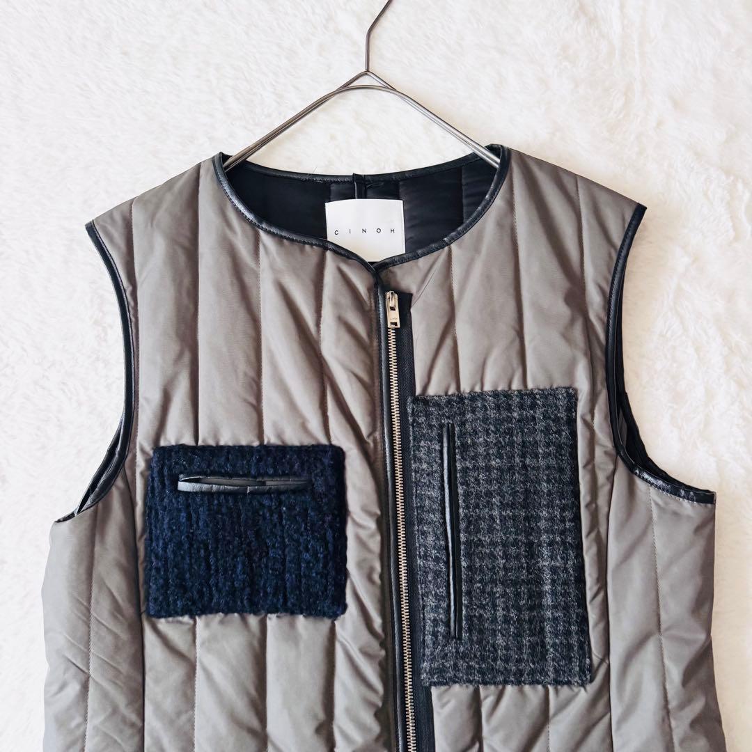 【希少】 チノ キルティングベスト ロング丈 異素材 4ポケット 38 グレー