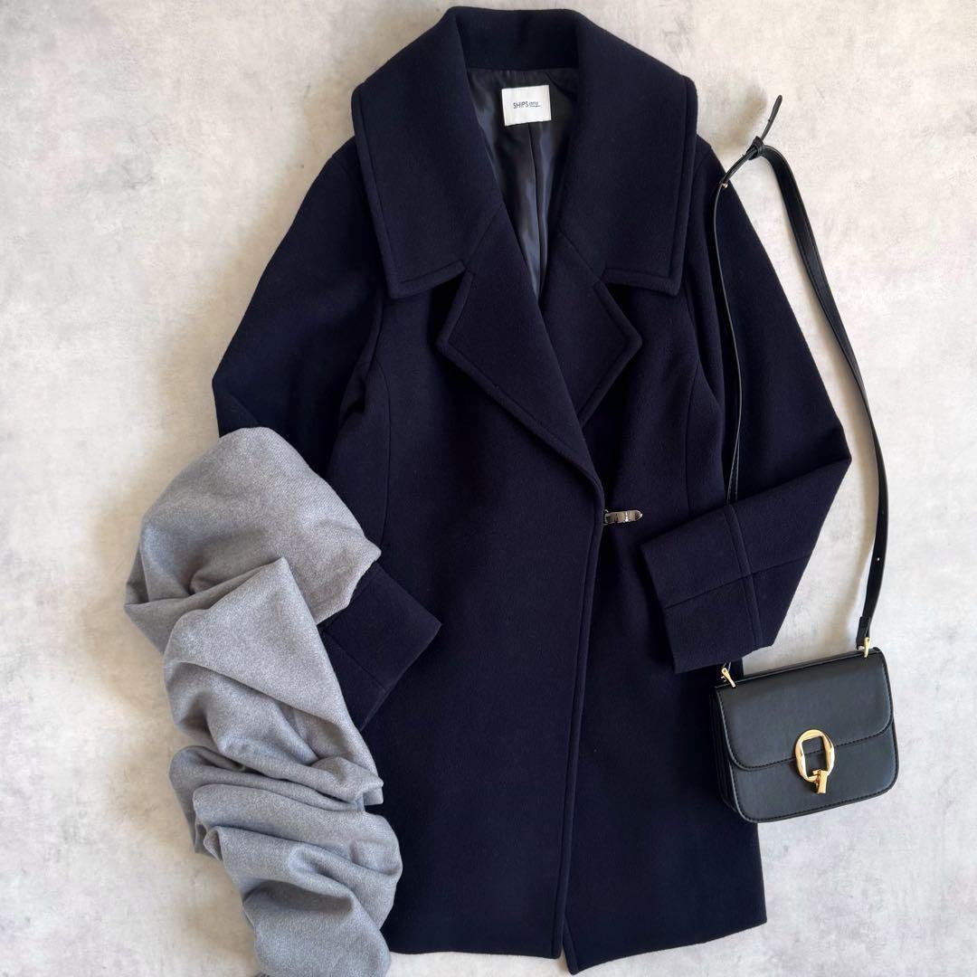 美品▲シップスエニィ SHIPS anyウール ラペル コート ネイビー