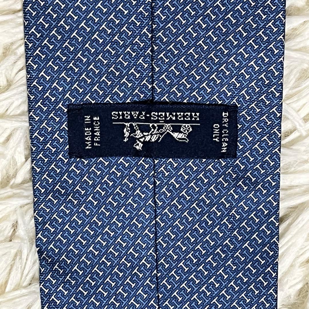 【未使用に近い】エルメス ネクタイ Hロゴ 総柄 シルク ブルー