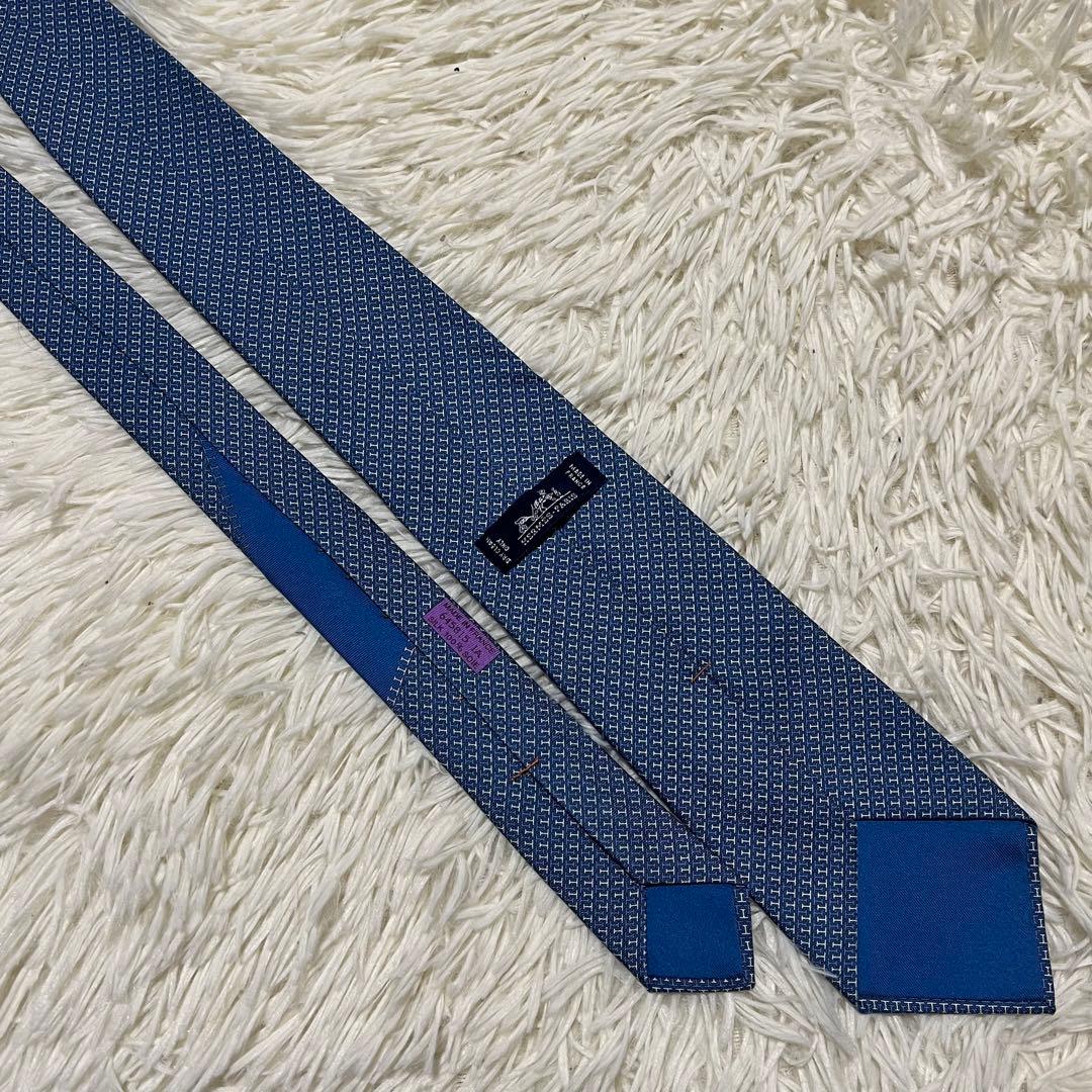 【未使用に近い】エルメス ネクタイ Hロゴ 総柄 シルク ブルー