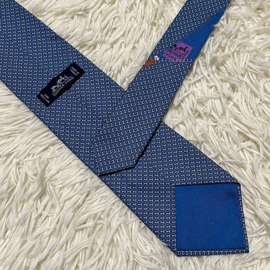 【未使用に近い】エルメス ネクタイ Hロゴ 総柄 シルク ブルー
