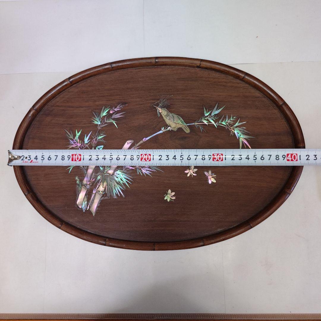 竹と鳥の象嵌装飾 木製トレイ