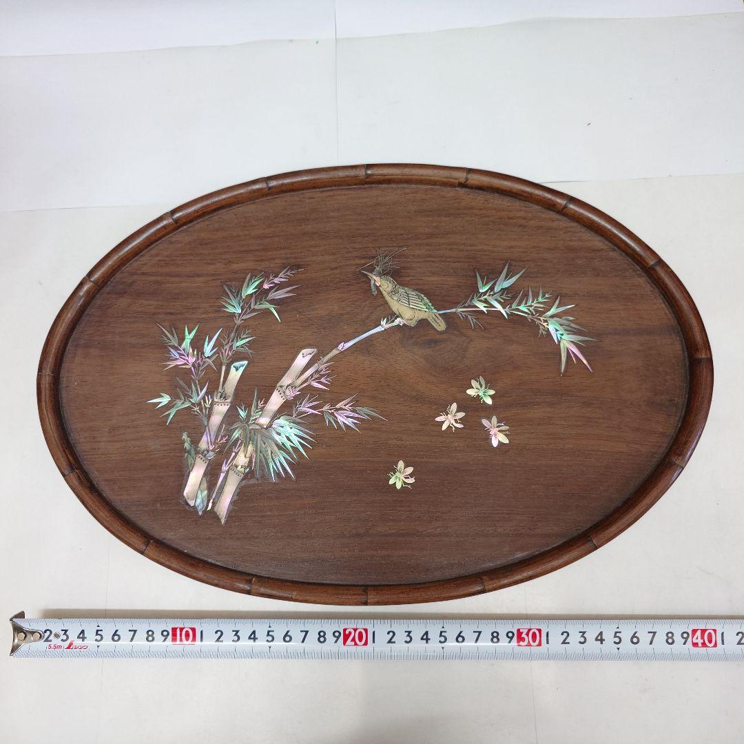 竹と鳥の象嵌装飾 木製トレイ