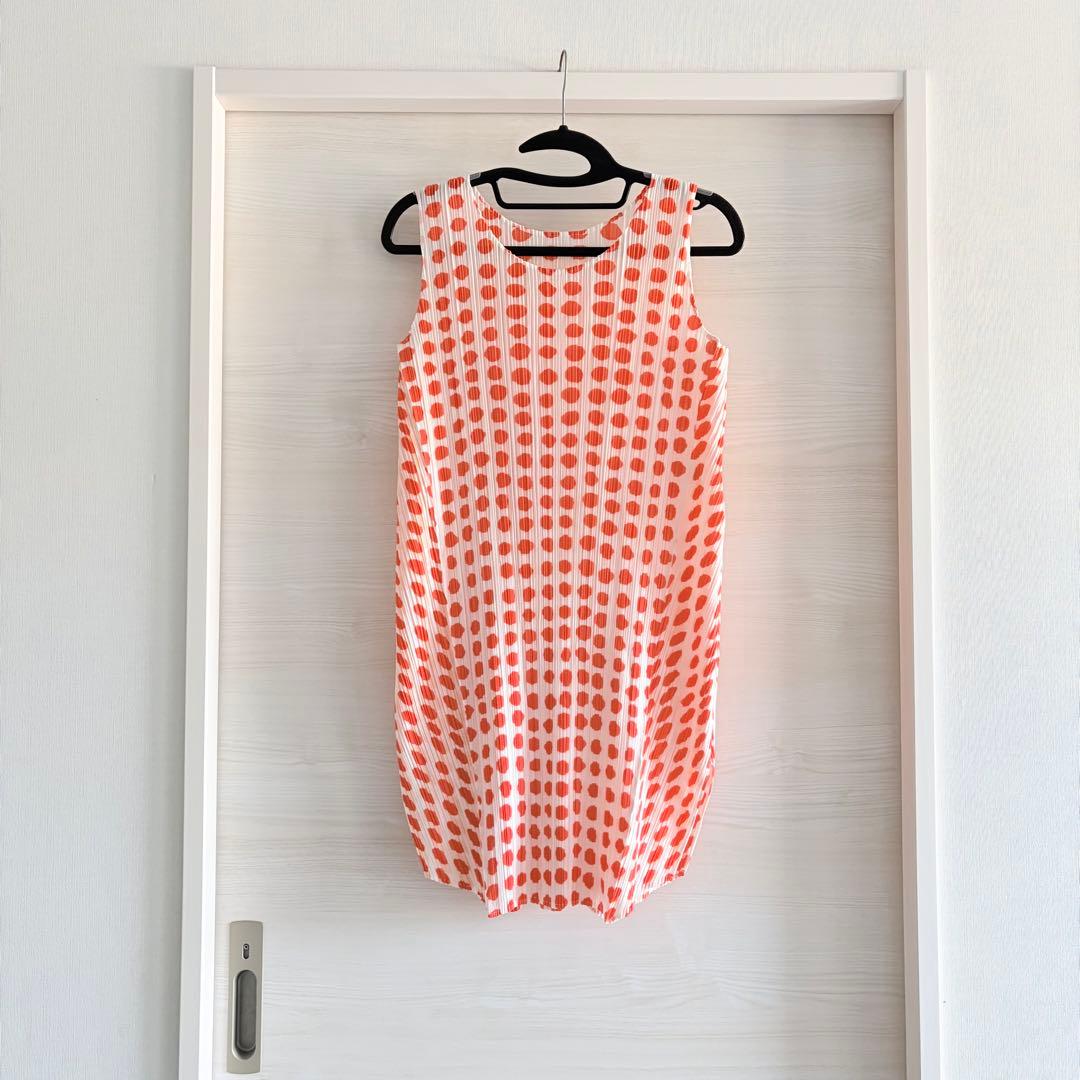 プリーツプリーズ　チュニック　トップス　ドット柄　美品　蛍光オレンジ