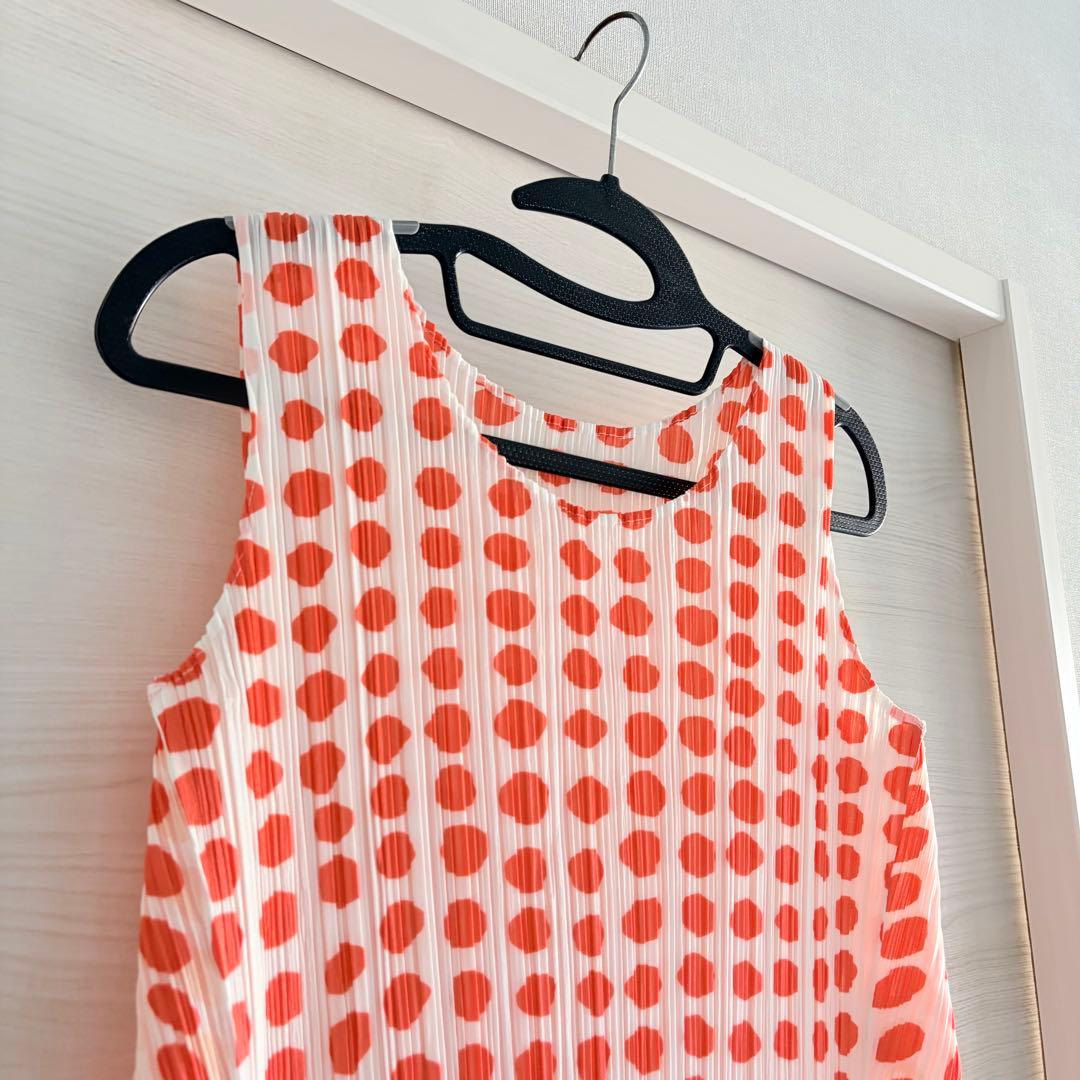 プリーツプリーズ　チュニック　トップス　ドット柄　美品　蛍光オレンジ