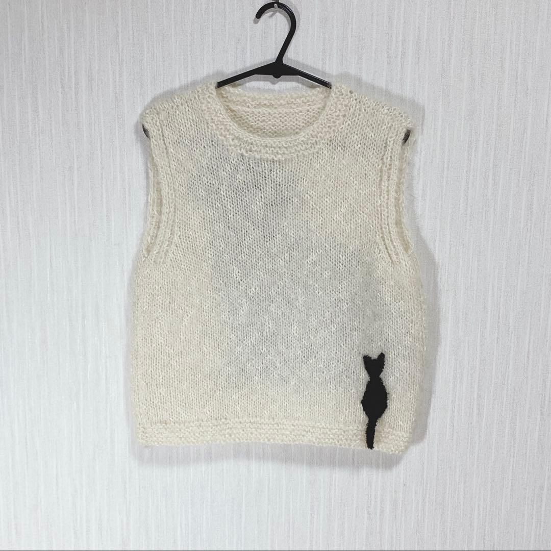 新品未使用ふわっふわっオーダー インターシャ手編みBLACK CATニットベスト