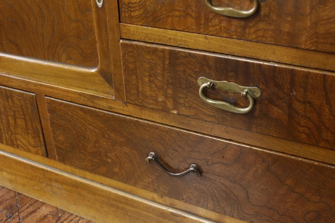 昭和レトロ 古い木製茶箪笥 モールガラス 戸棚 食器棚 古家具 欅 古材