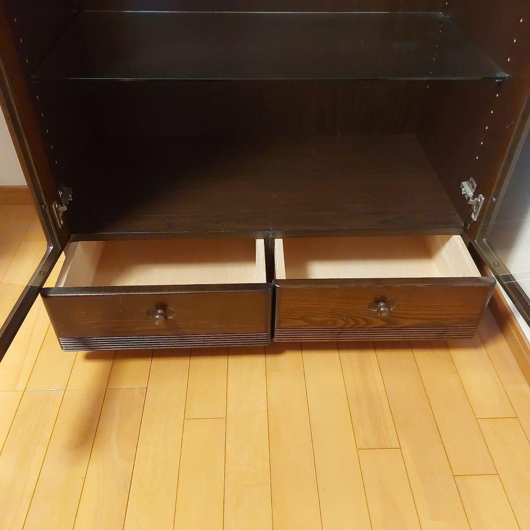 ダークブラウン ガラス棚 コレクションケース 照明・引き出し付　リビング収納