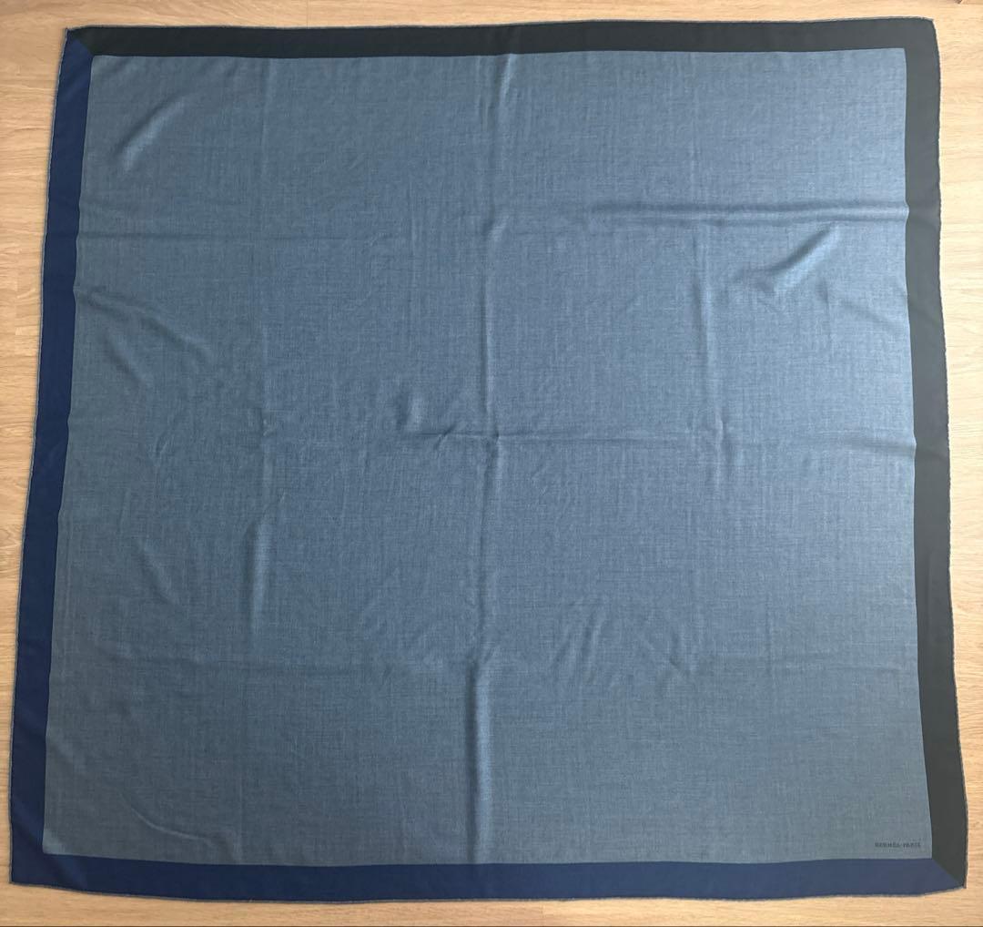 エルメス　カレジェアン　カシシル　ブルーグレー×ブラック　スカーフ　ショール